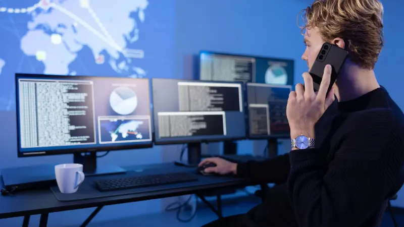 Cybersecurity-Experte analysiert Netzwerkverkehr auf mehreren Bildschirmen